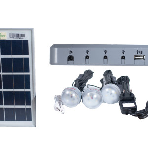 Solar DC Home Lighting System & Kit with 3x 6V-DC Outputs, 3 Weatherproof LED Bulbs, Inbuilt Lithium Battery, Solar Panel & USB Mobile Charger